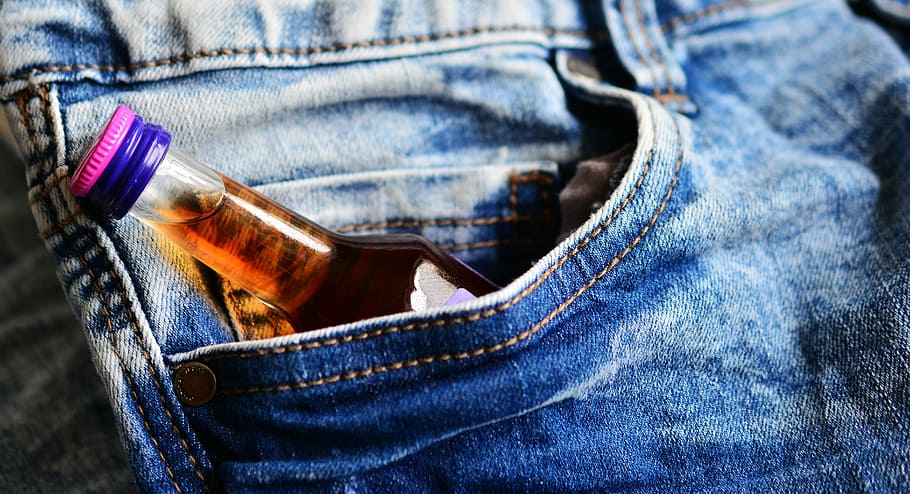 glass bottle in jeans pocket, hip flask, brandy, alcoholics HD wallpaper