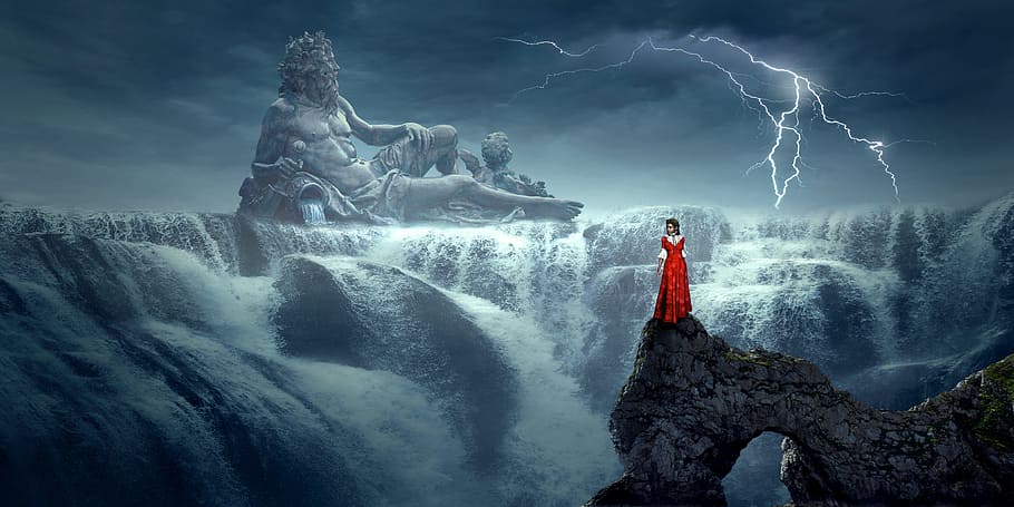 woman standing on top of gray stone, fantasy, waterfall, landscape