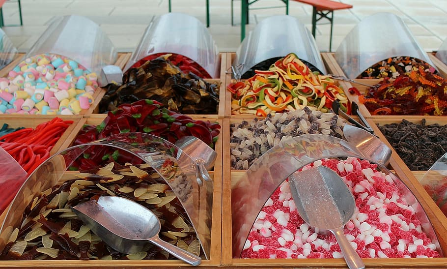 candy stand, leather, haribo, selection, choice, variation HD wallpaper