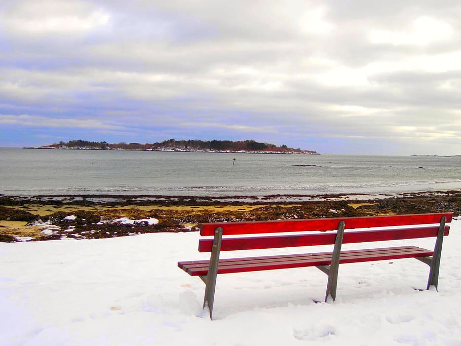bench, massachusetts, winter, landscape, sky, nature, travel HD wallpaper
