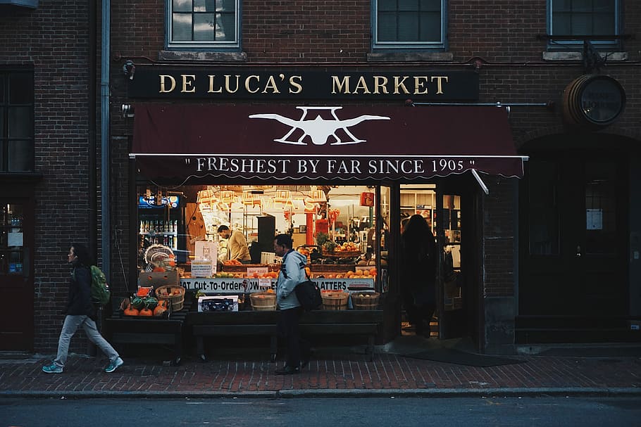 people walking in front of store, De Luca's Market front store HD wallpaper
