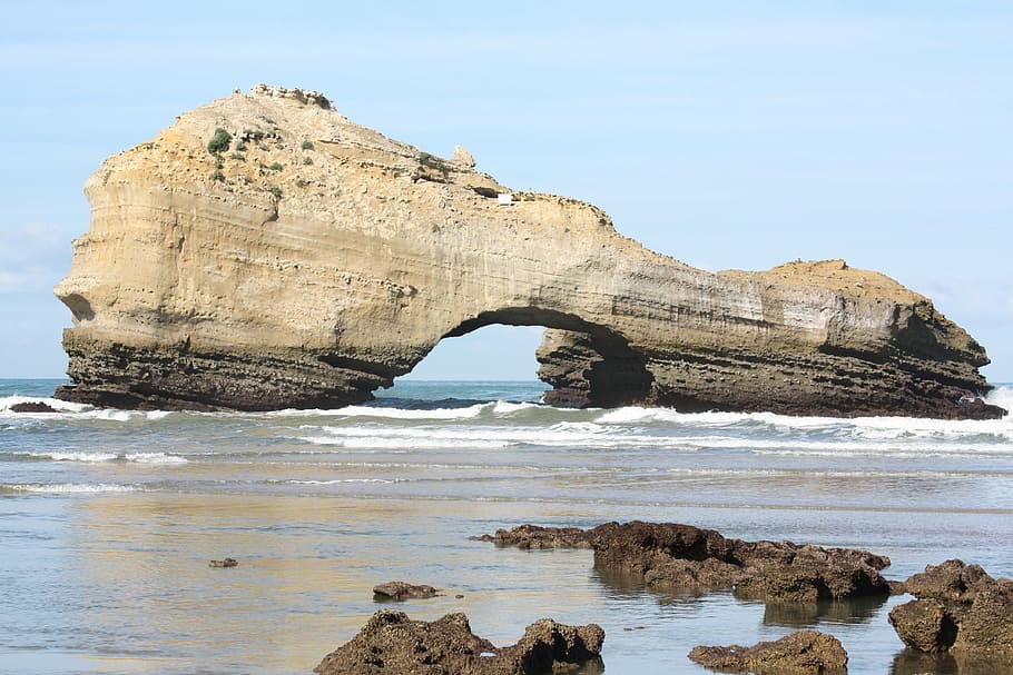 biarritz, beach, sand, rock, side, france, rock - object, water HD wallpaper