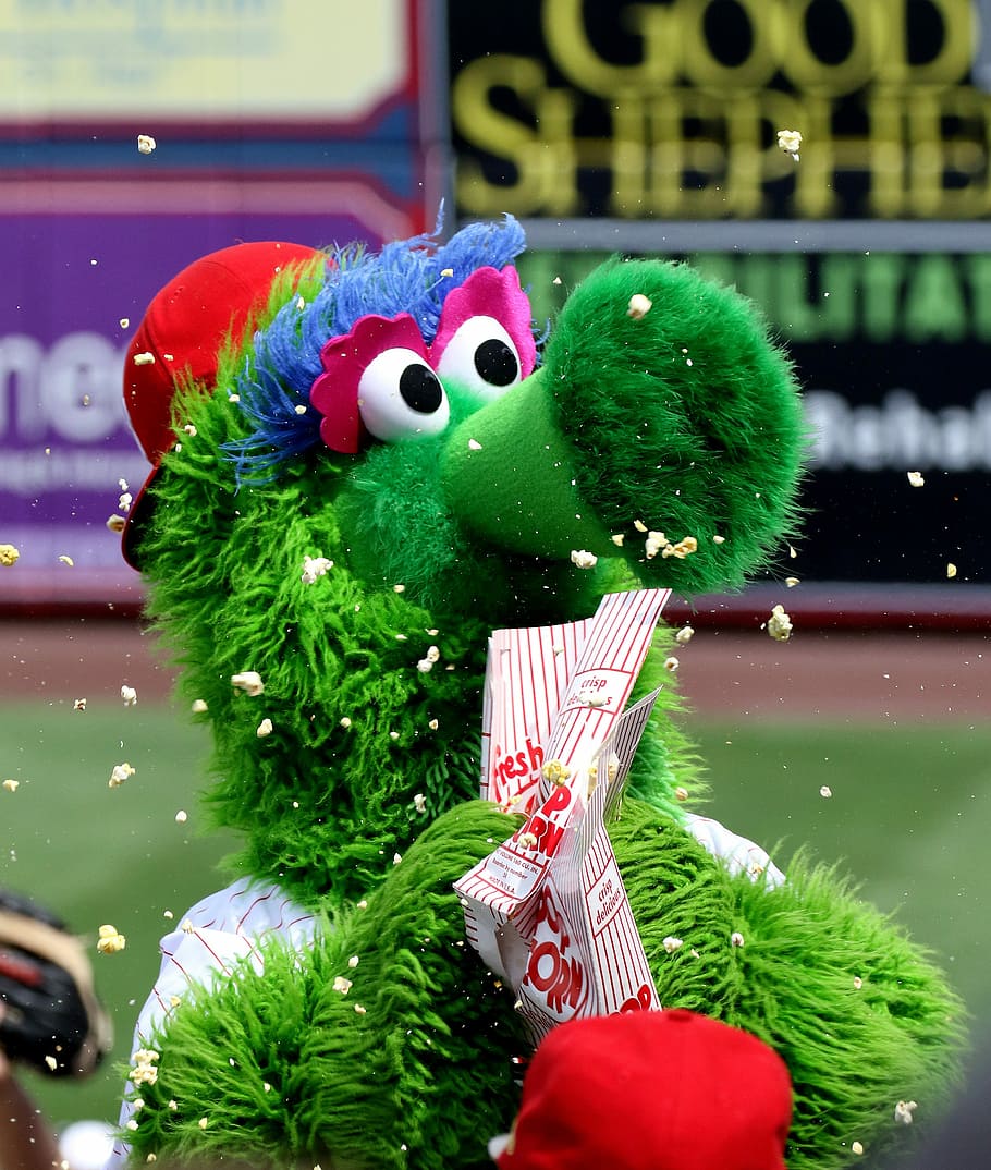 Mascot, Phillie Phanatic, philies, popcorn, baseball, green, HD wallpaper
