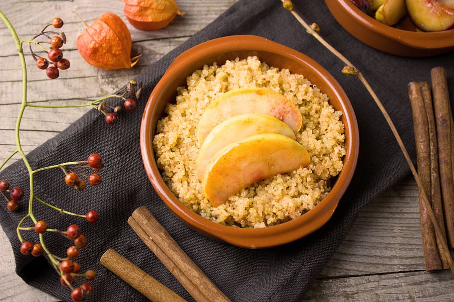 round bowl with cooked dish, cinnamon, apple, quinoa, cereals HD wallpaper