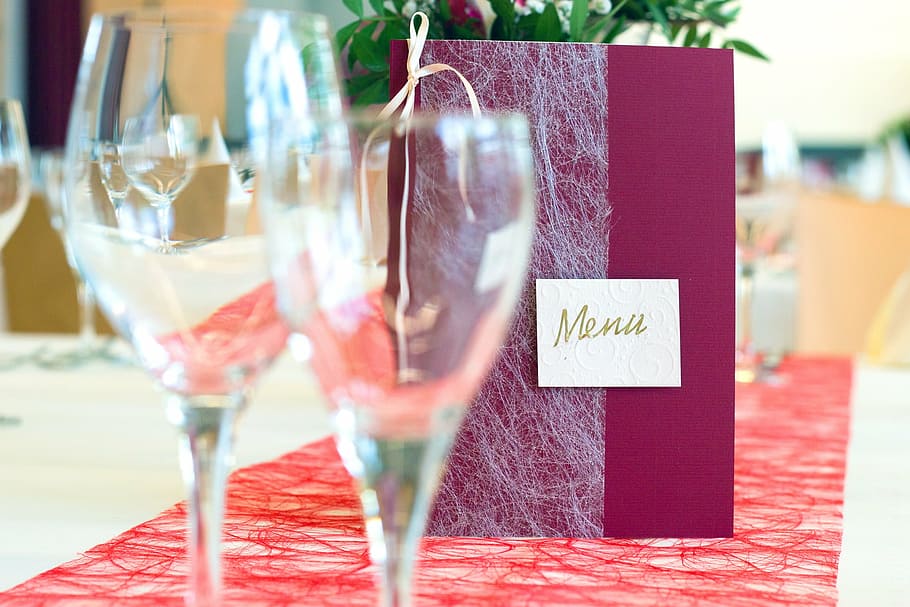 two clear footed wine glasses on table, menu cards, restaurant HD wallpaper