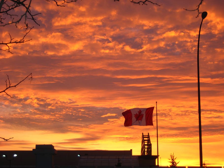 canada, flag, sunset, sky, landscapes, twilight, cloud, clouds HD wallpaper