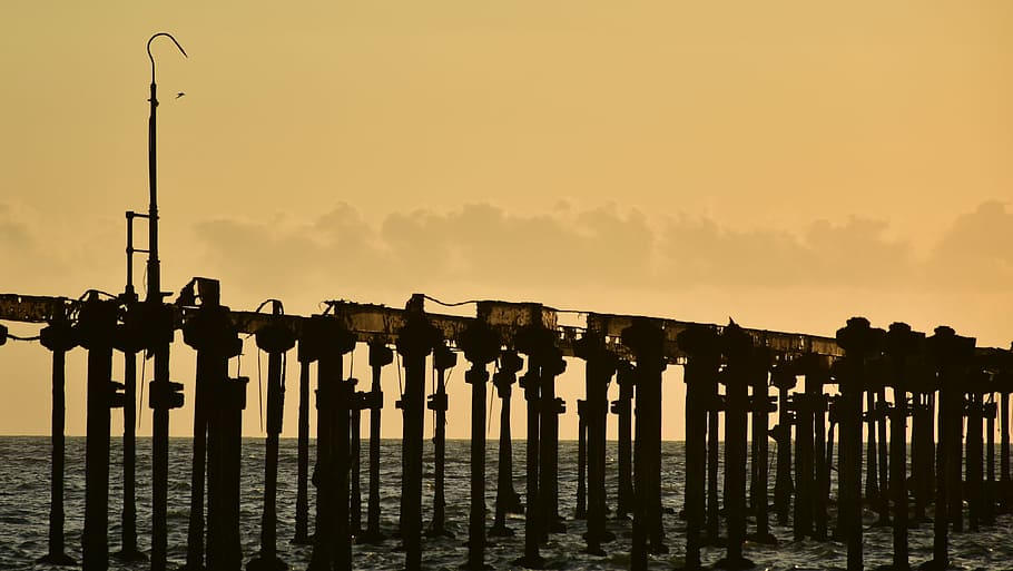 Beach, Pier, Rotting, Rust, Sunset, sea, nature, silhouette HD wallpaper
