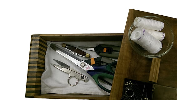 black handles shears, sewing, thread, tailor, fabric, needle HD wallpaper