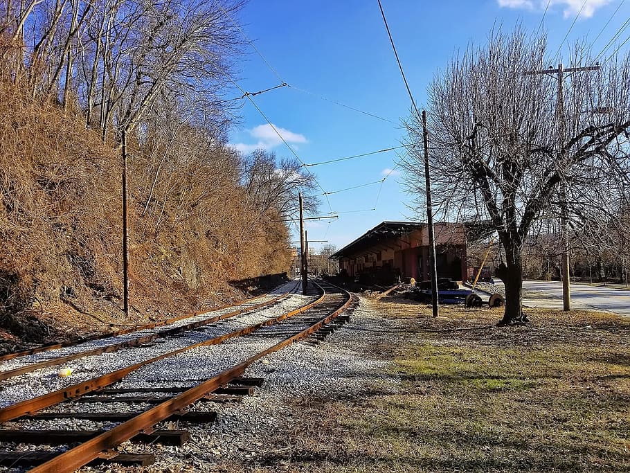 railroad, train, baltimore, train tracks, trolley, tree, rail transportation HD wallpaper