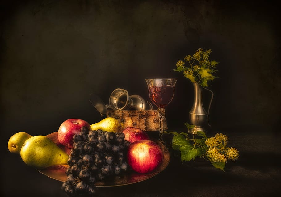 still life photography of fruits, still lifes, pears, apples