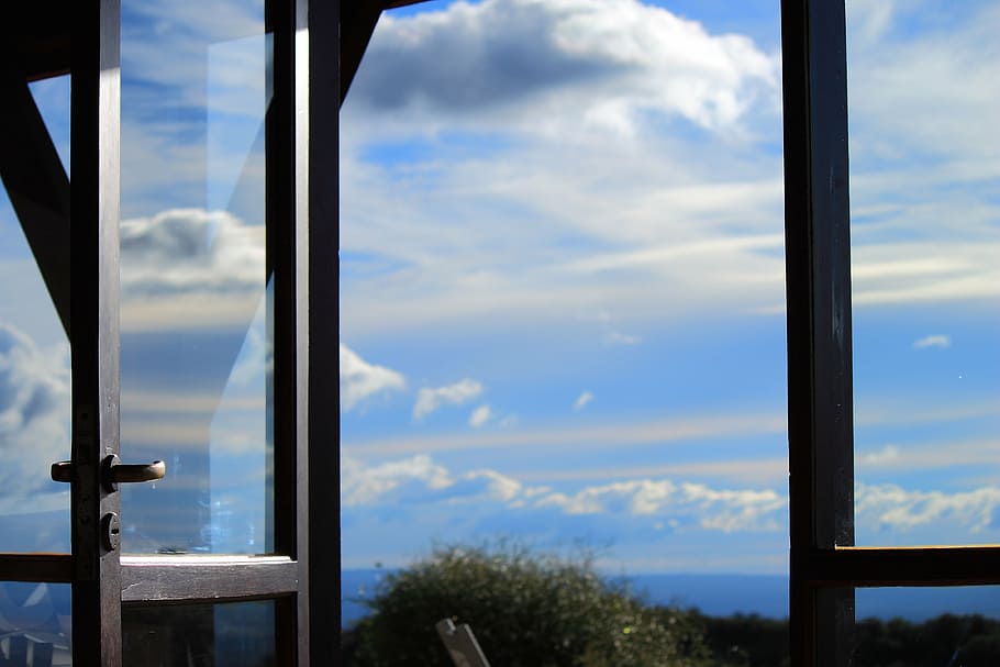 door, sky, cloud, height, blue, clouds, landscape, window, cloud - sky HD wallpaper
