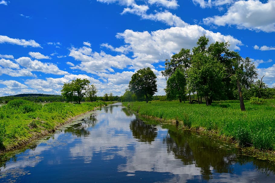 body of water beside green grasses, River, Clouds, Reflection HD wallpaper