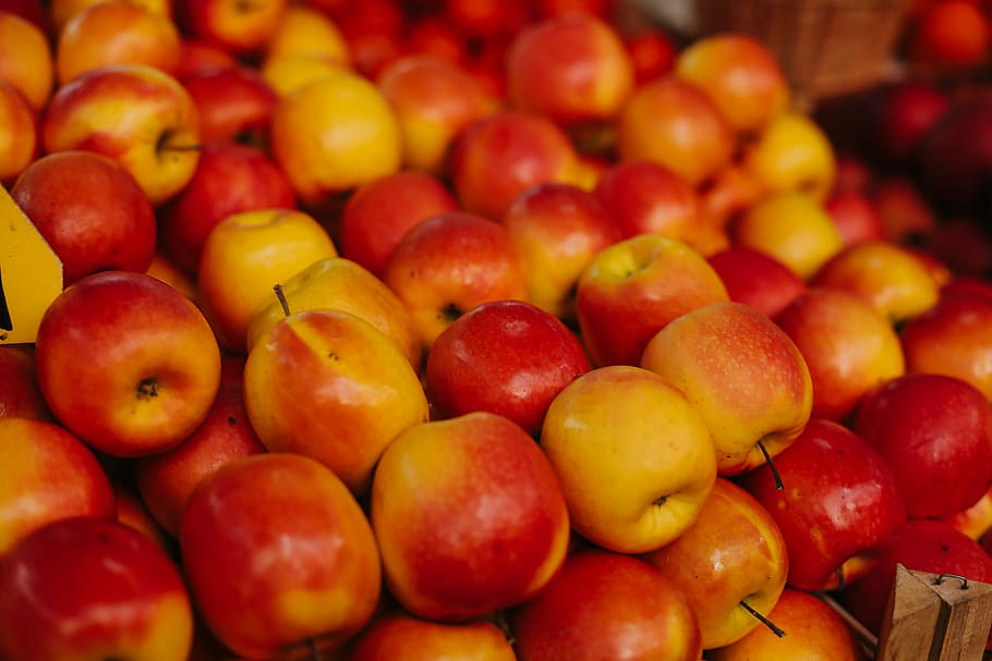apple, red apple lot, fruit, food, yellow, food and drink, healthy eating HD wallpaper