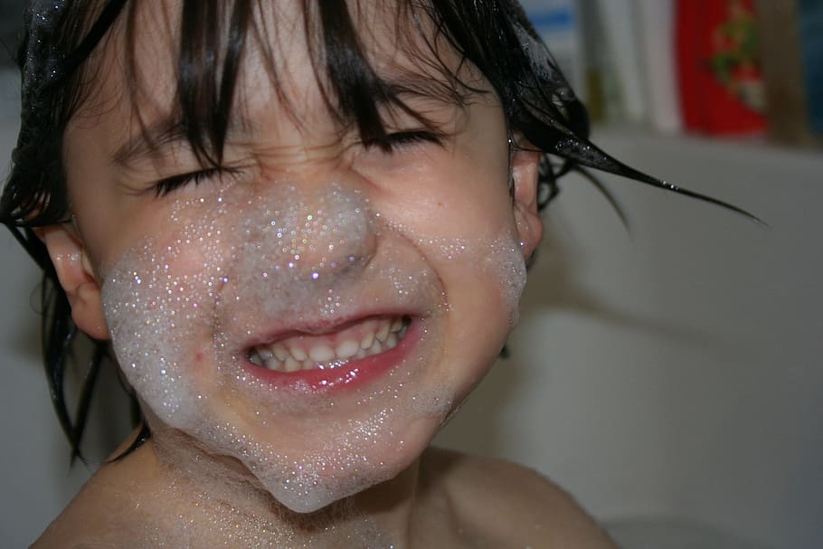 Child, Bath, Soap, Foam, Face, wet, human Face, one Person HD wallpaper