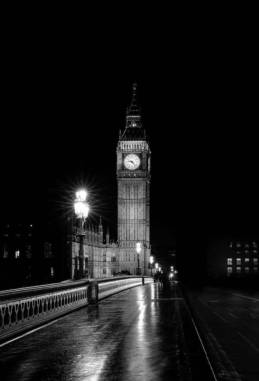 light, city, road, lights, architecture, big ben, black and-white
