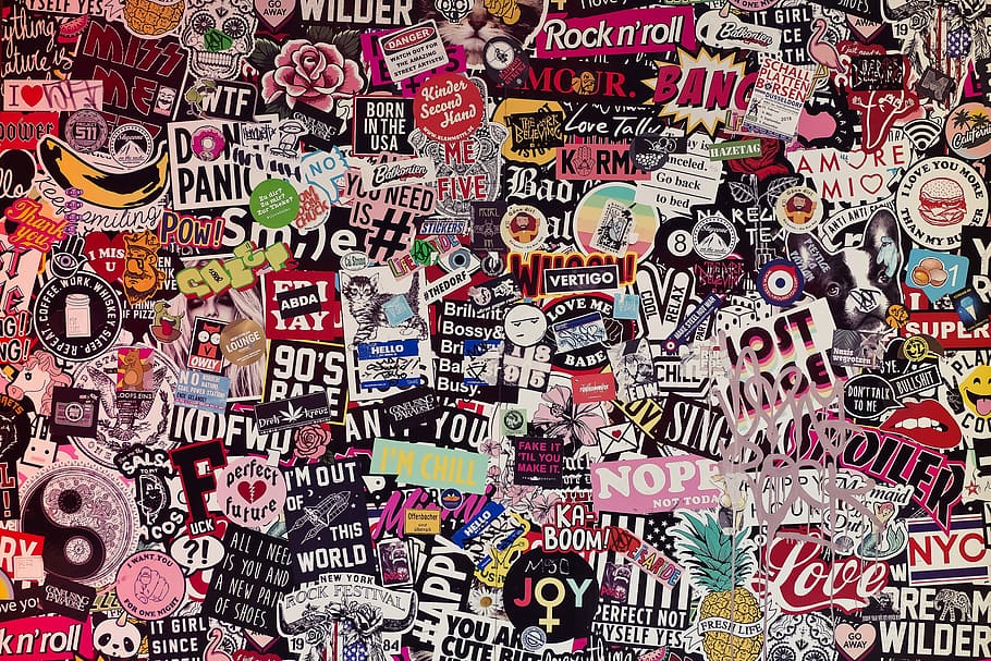 assorted logo sticker bomb, wall, color, paper decoration, colorful