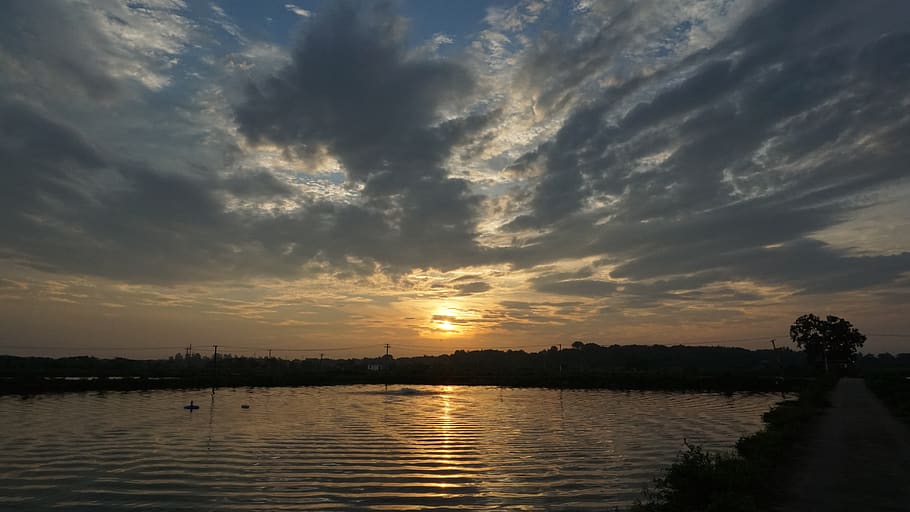 sunrise, reflection, cloud, pond, waters, summer, sky, backlighting HD wallpaper