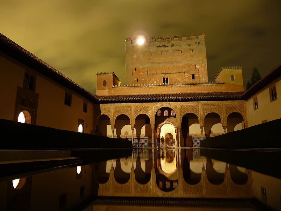 granada, spain, building, architecture, columns, night, evening HD wallpaper