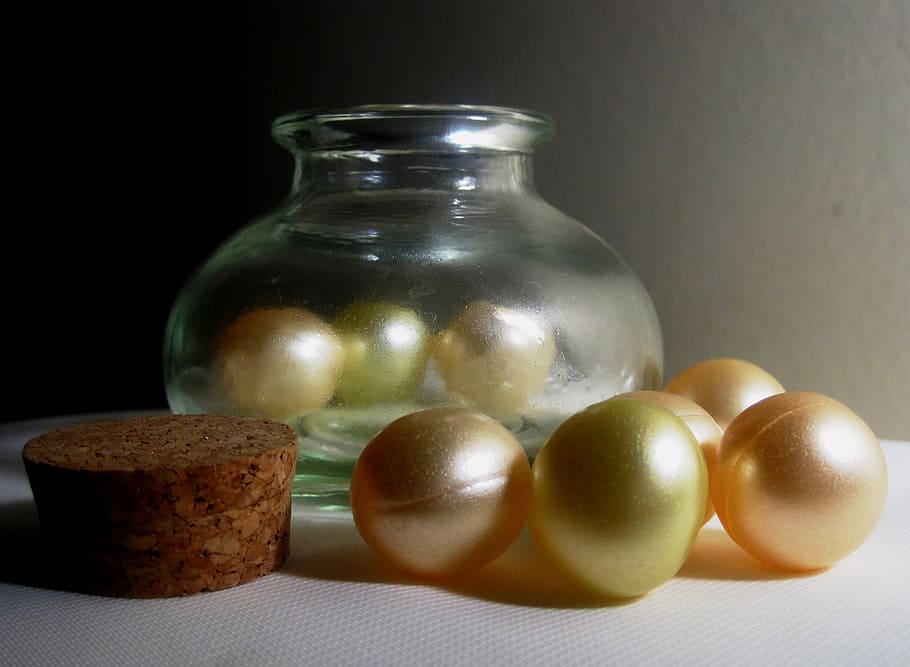 balls, gel, fragrant, pearly, bottle, small, glass, clear, cork HD wallpaper
