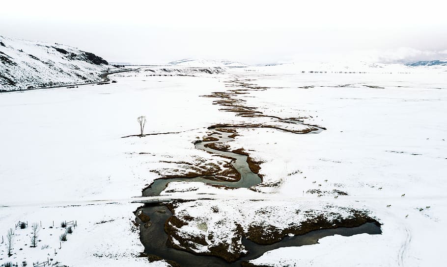 landscape photography of snow covered land, water flowing on river in the middle snow covered terrain HD wallpaper