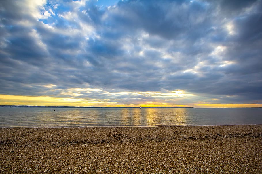 Sunset, Ocean, Beach, England, nature, sky, scenics, tranquil scene HD wallpaper