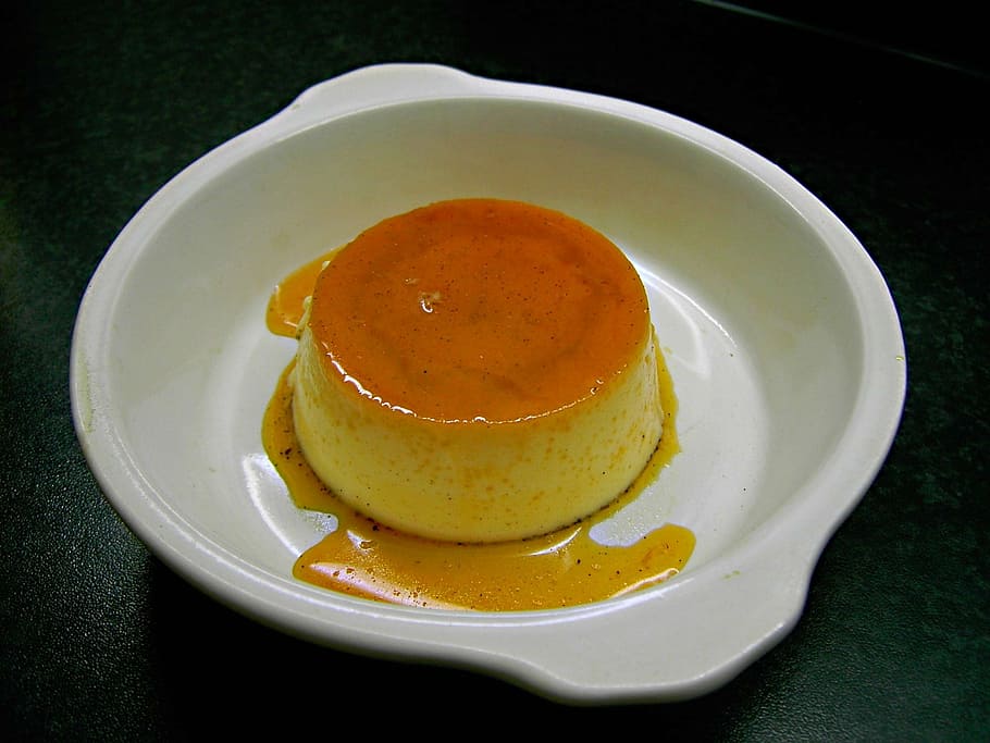 creame caramel on white bowl, pudding, vanilla pudding, dessert HD wallpaper
