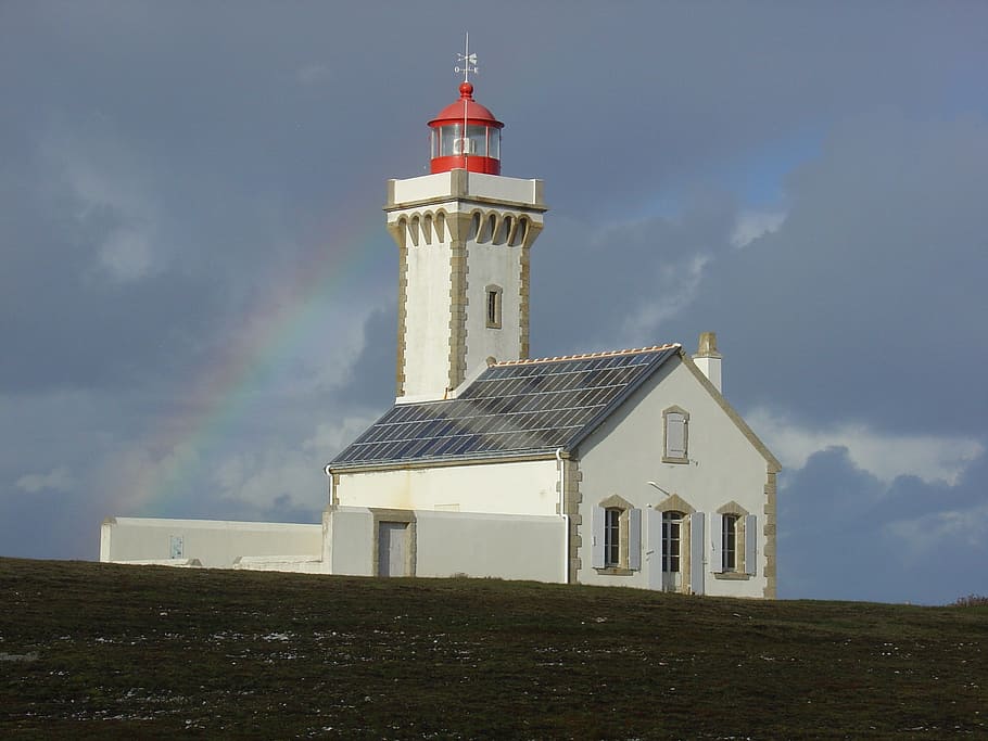 white painted building, lighthouse, brittany, storm, foals HD wallpaper