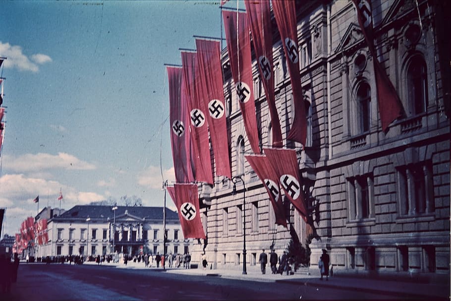 red flags hanging on building, swastikas, berlin, germany, nazi