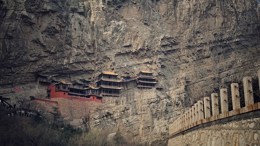 untitled, hanging temple, china, buddhism, architecture, built structure HD wallpaper
