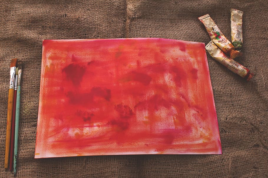 red paint on brown surface, bright, colour, pink, brushes, artist HD wallpaper