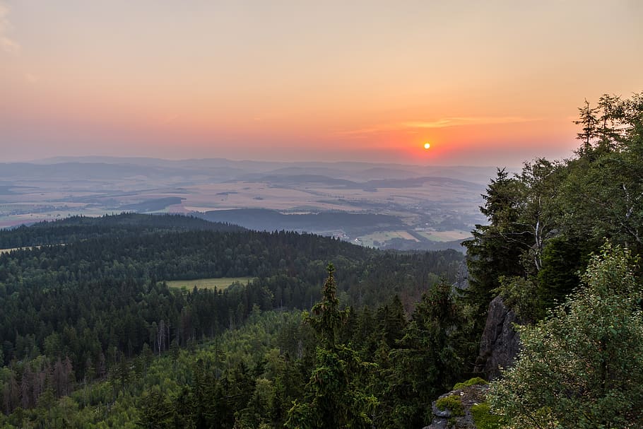 panoramic, view, valley, hills, sunset, evening, scene, dusk HD wallpaper