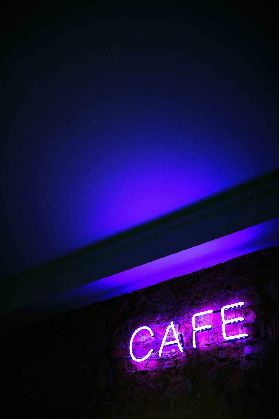 CAFE neon signage mounted on wall, Cafe LED signage, blue, purple