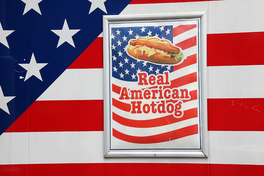 advertising, real american hotdog, flag, patriotism, food, food and drink, HD wallpaper