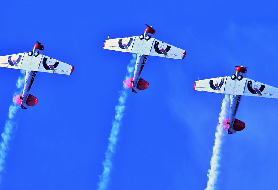 air show, aircraft, formation, aerobatic manoeuvres, american t-6, HD wallpaper