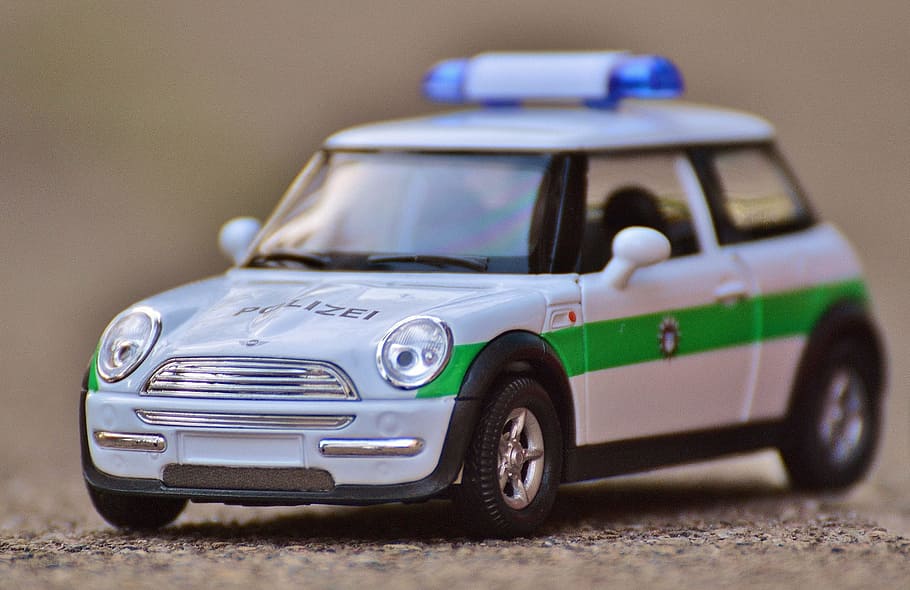 Police, Mini Cooper, Auto, Model Car, red, blue light, vehicle HD wallpaper