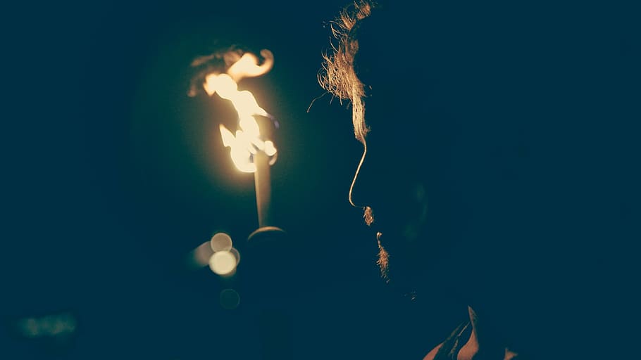 dark, fire, flame, light, man, silhouette, torch, illuminated HD wallpaper