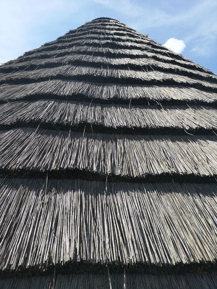 straw, roof, triangle, triangular, blue sky, cloud, architecture HD wallpaper