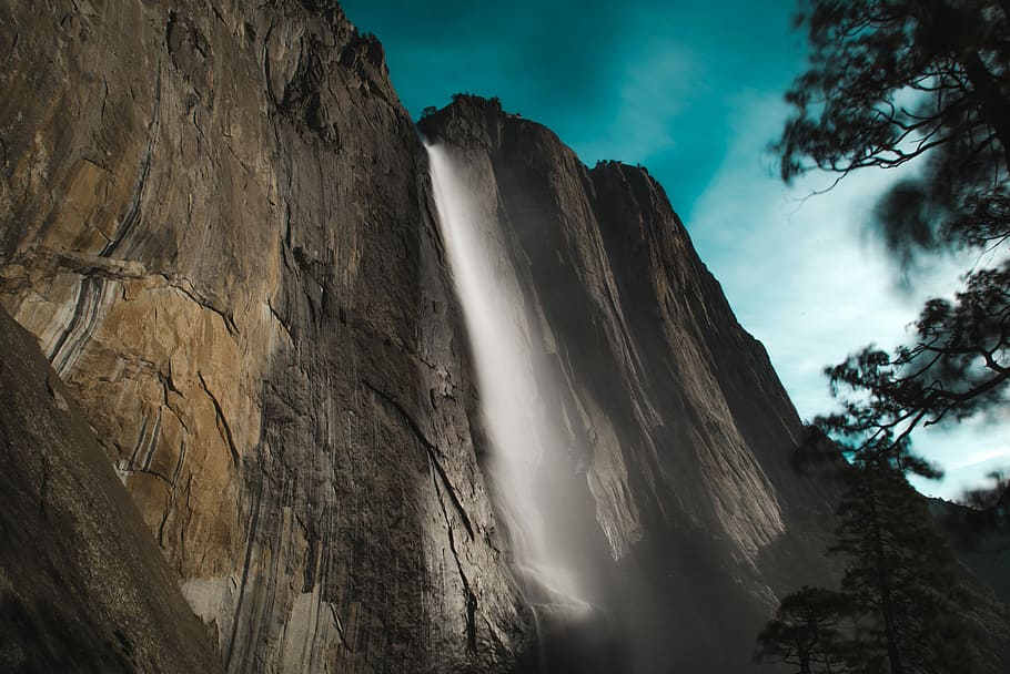 low angle photo of waterfalls, low angle photo of waterfall, rock HD wallpaper