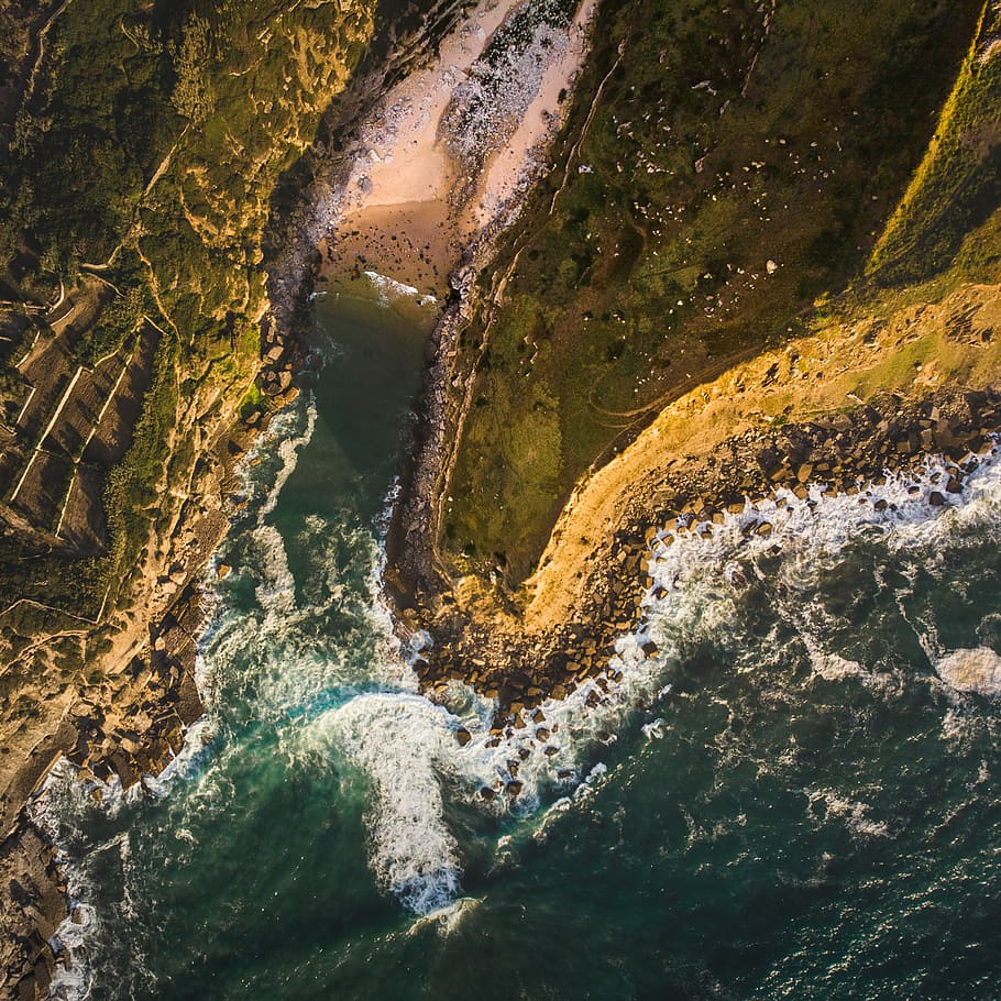 waterfalls, aerial photography of coastline, surf, surfing, ocean HD wallpaper