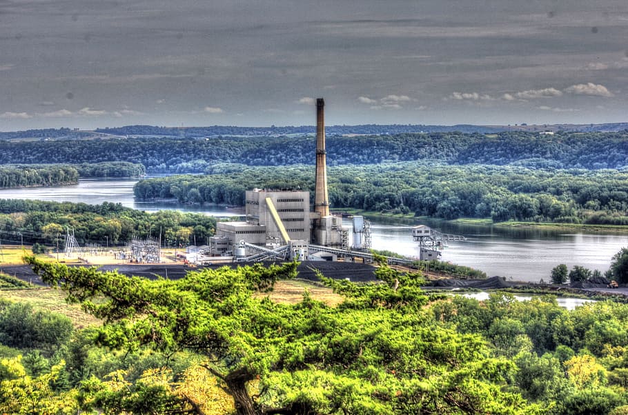 Factory, Forest, River, Architecture, skyline, tower, building HD wallpaper