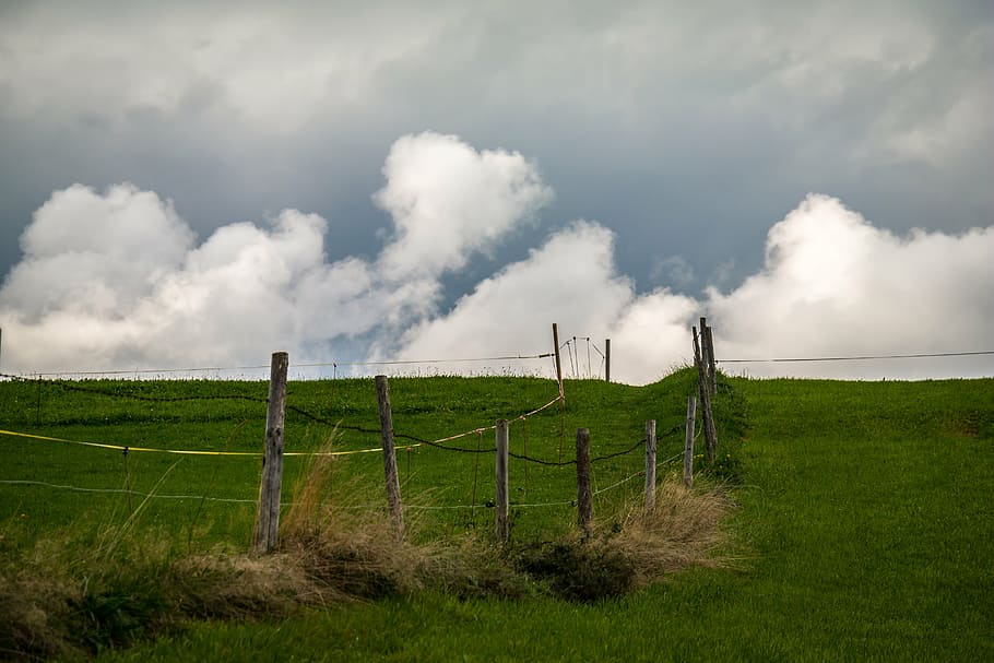 away, clouds, pasture, sky, fence, green, alm, meadow, mood HD wallpaper