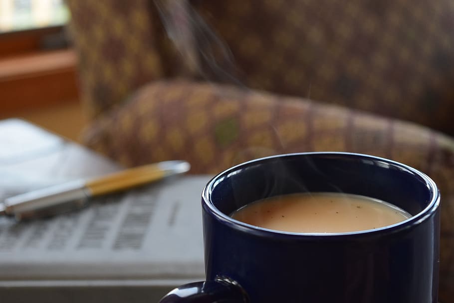 mug filled with brown substance, Tea, Cup, Journal, Pen, Beverage HD wallpaper