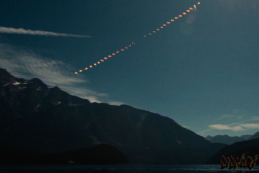 29Moons, timelapse photography of moon, sky, mountain, kite, glitch HD wallpaper
