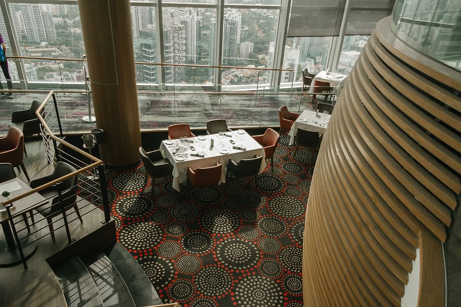 Ion Sky Restaurant, dining table with chairs near window, building HD wallpaper
