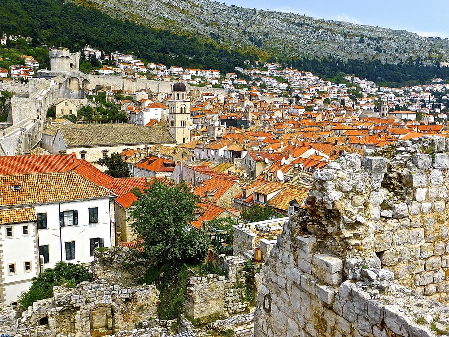 rooftops, village, mountains, mediterranean, traditional, scenic HD wallpaper