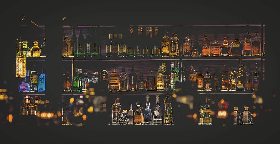 HDR photo of wine bottles in shelf, tilt shift photography liquor shelf HD wallpaper