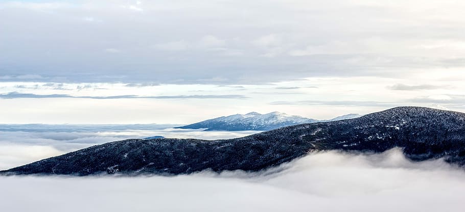 photo of blue mountains, mountain covered by clouds, summit, snow HD wallpaper
