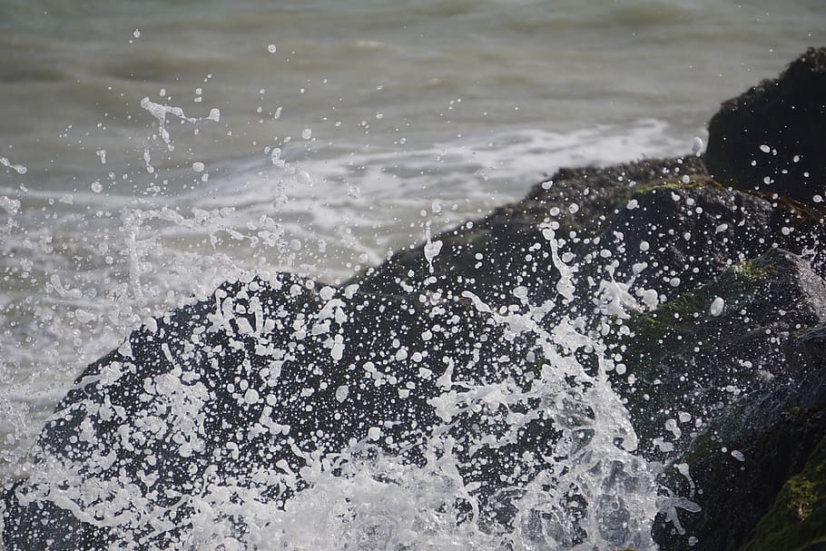 spray, water, rock, coast, nature, sea, surf, spritzer, motion HD wallpaper