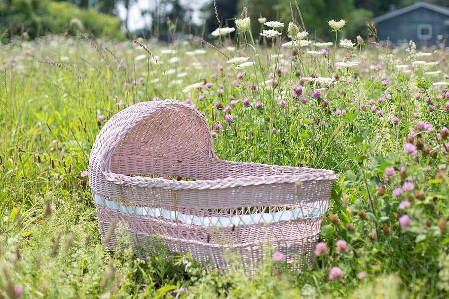 baby's brown wicker bassinet, baby bassinet, pink, wildflowers