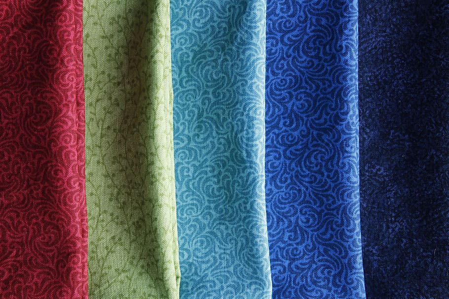 five assorted-color textiles, fabric, material, colour, cloth